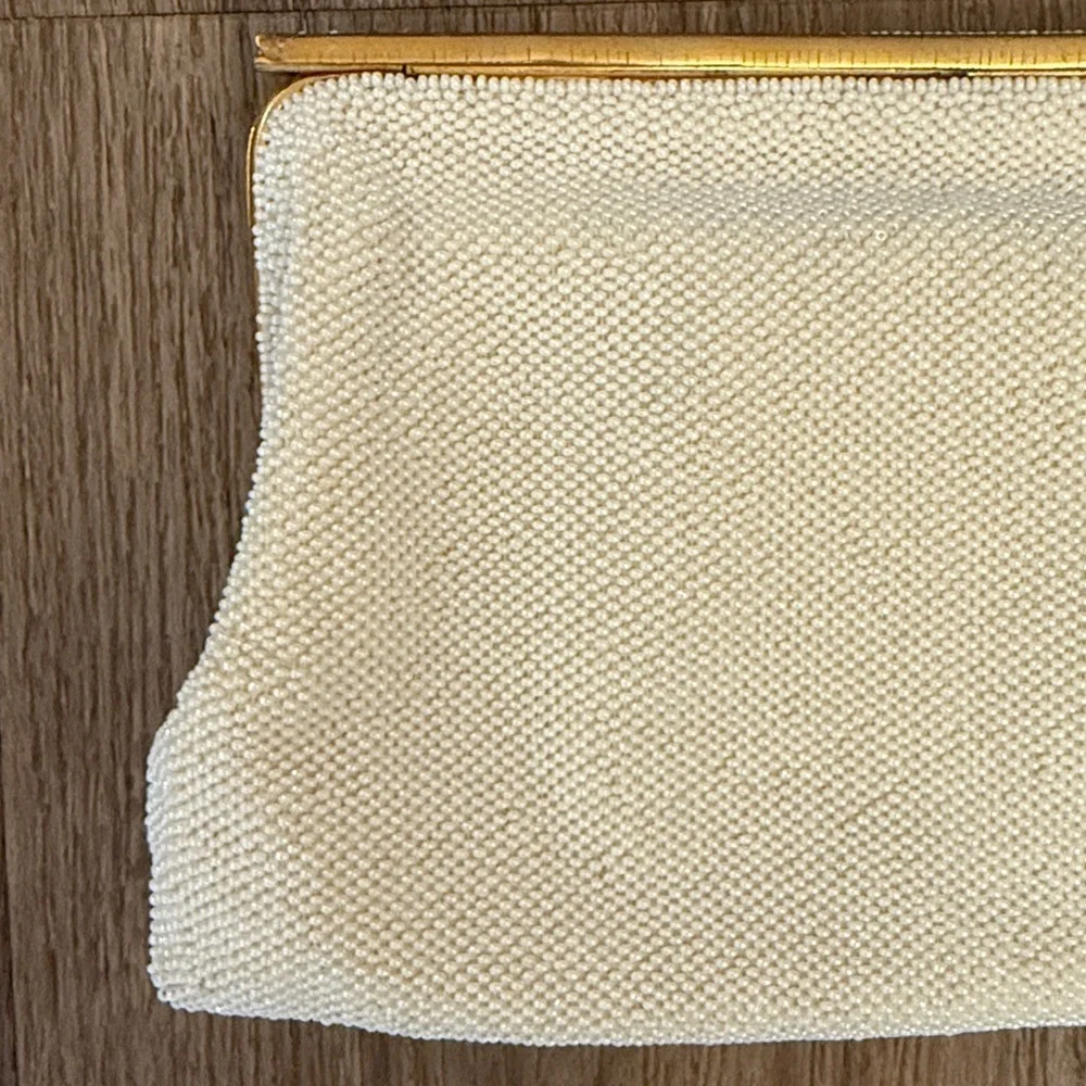 Vntg magid hand beaded made in France Cream wedding Clutch with Gold Trim